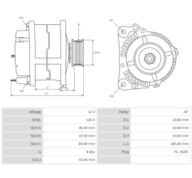 PERKINS ALTERNATOR 12V 120A...
